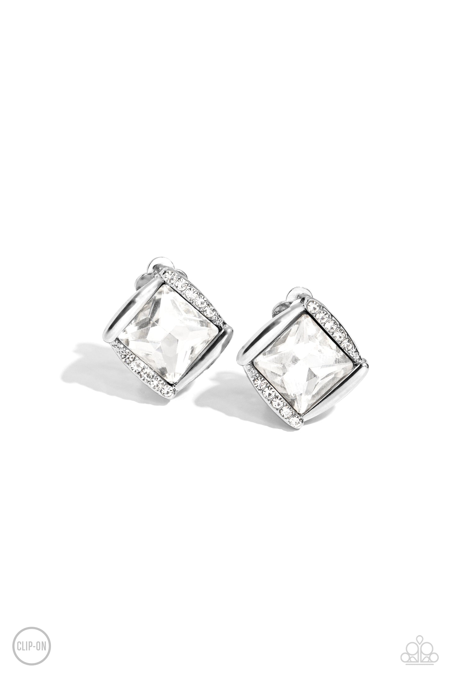 Sparkle Squared - White Gem Silver Clip-On Earrings