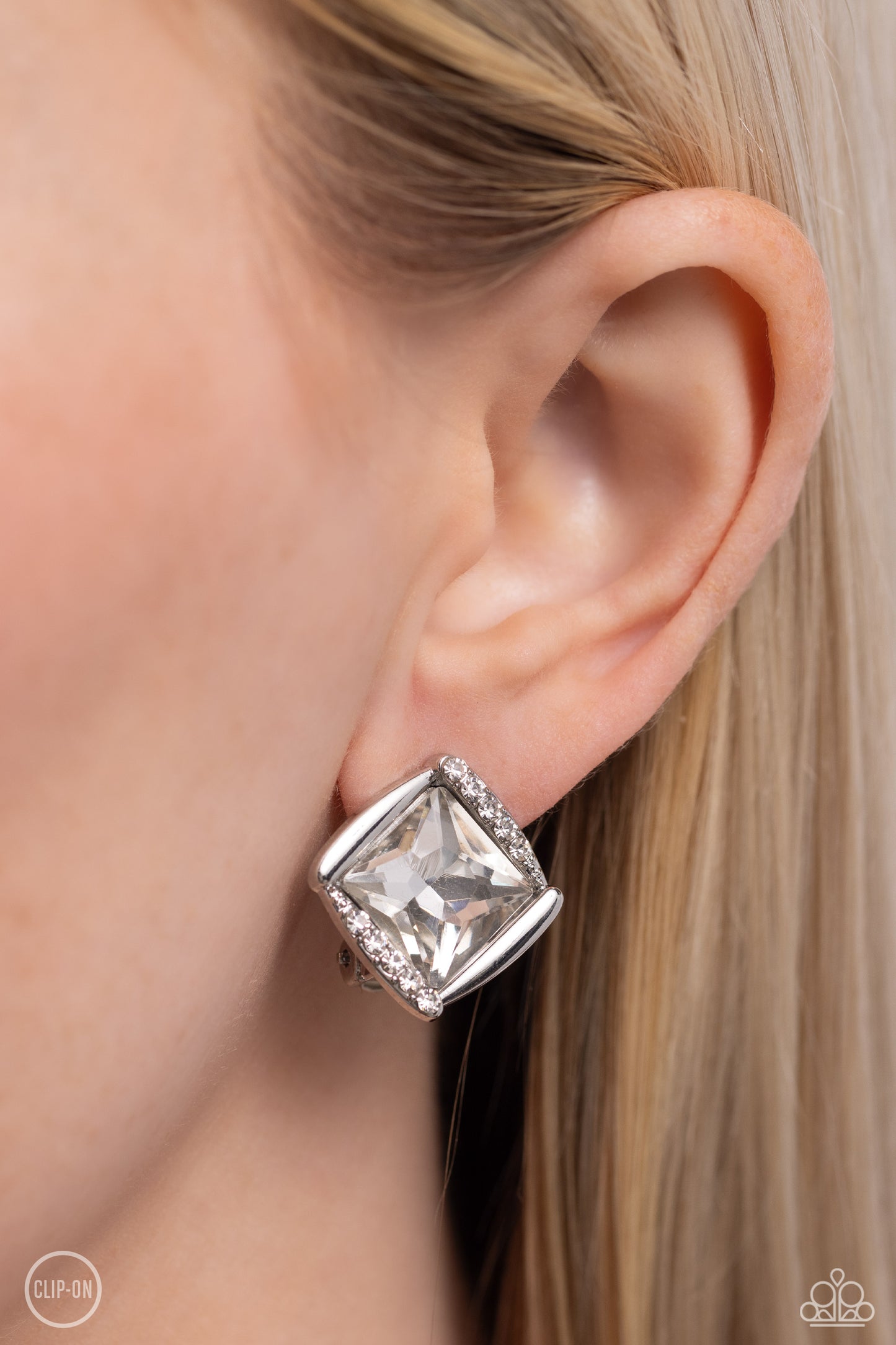 Sparkle Squared - White Gem Silver Clip-On Earrings