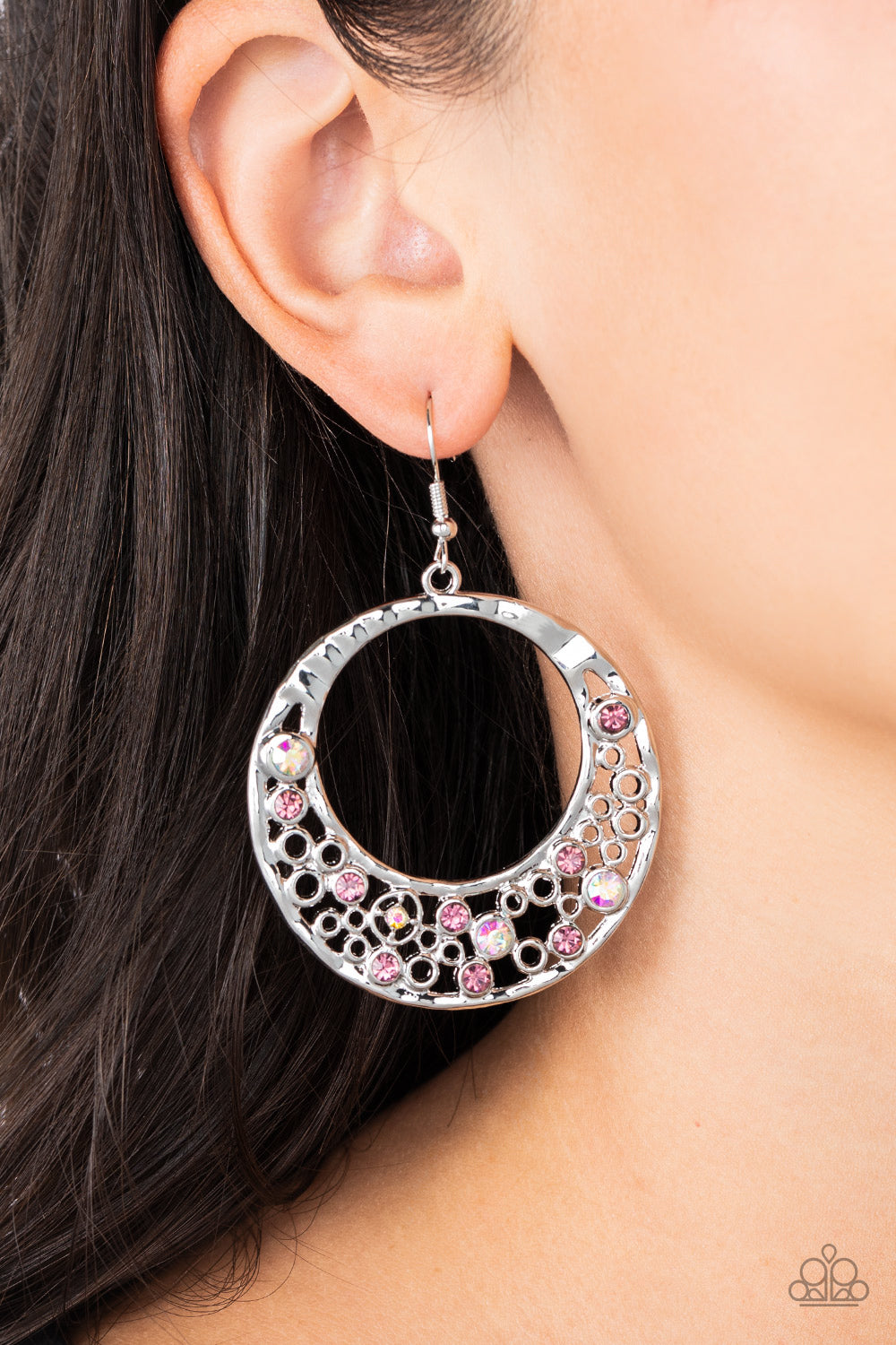 Enchanted Effervescence - Purple Iridescent Rhinestone Silver Circle Fishhook Earrings