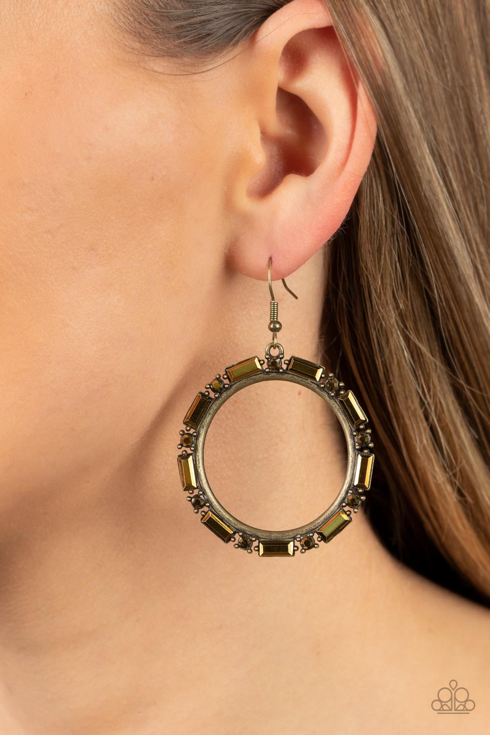 Gritty Glow - Brass Aurum Rhinestone Circle Earrings