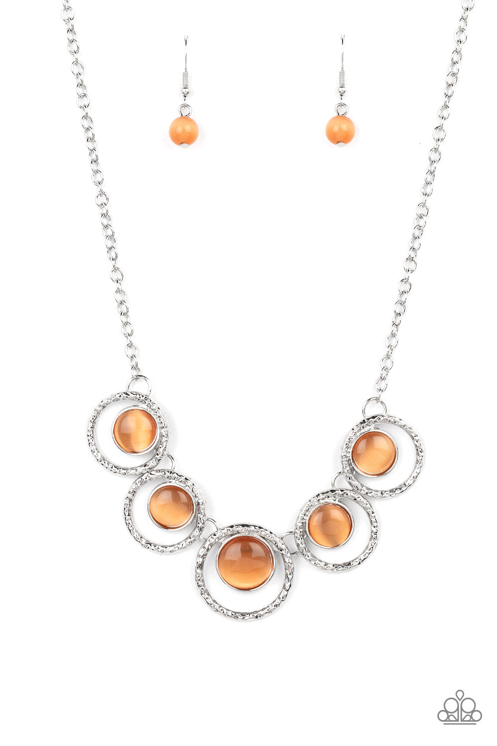 Elliptical Enchantment - Orange Cat's Eye Silver Circle Short Necklace