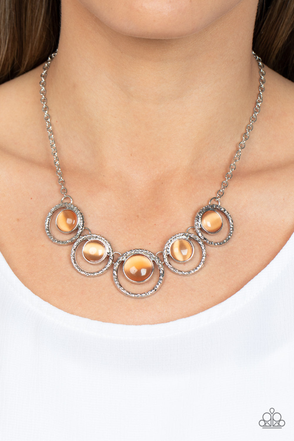 Elliptical Enchantment - Orange Cat's Eye Silver Circle Short Necklace