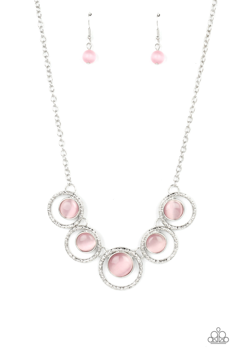 Elliptical Enchantment - Pink Cat's Eye Silver Circle Short Necklace