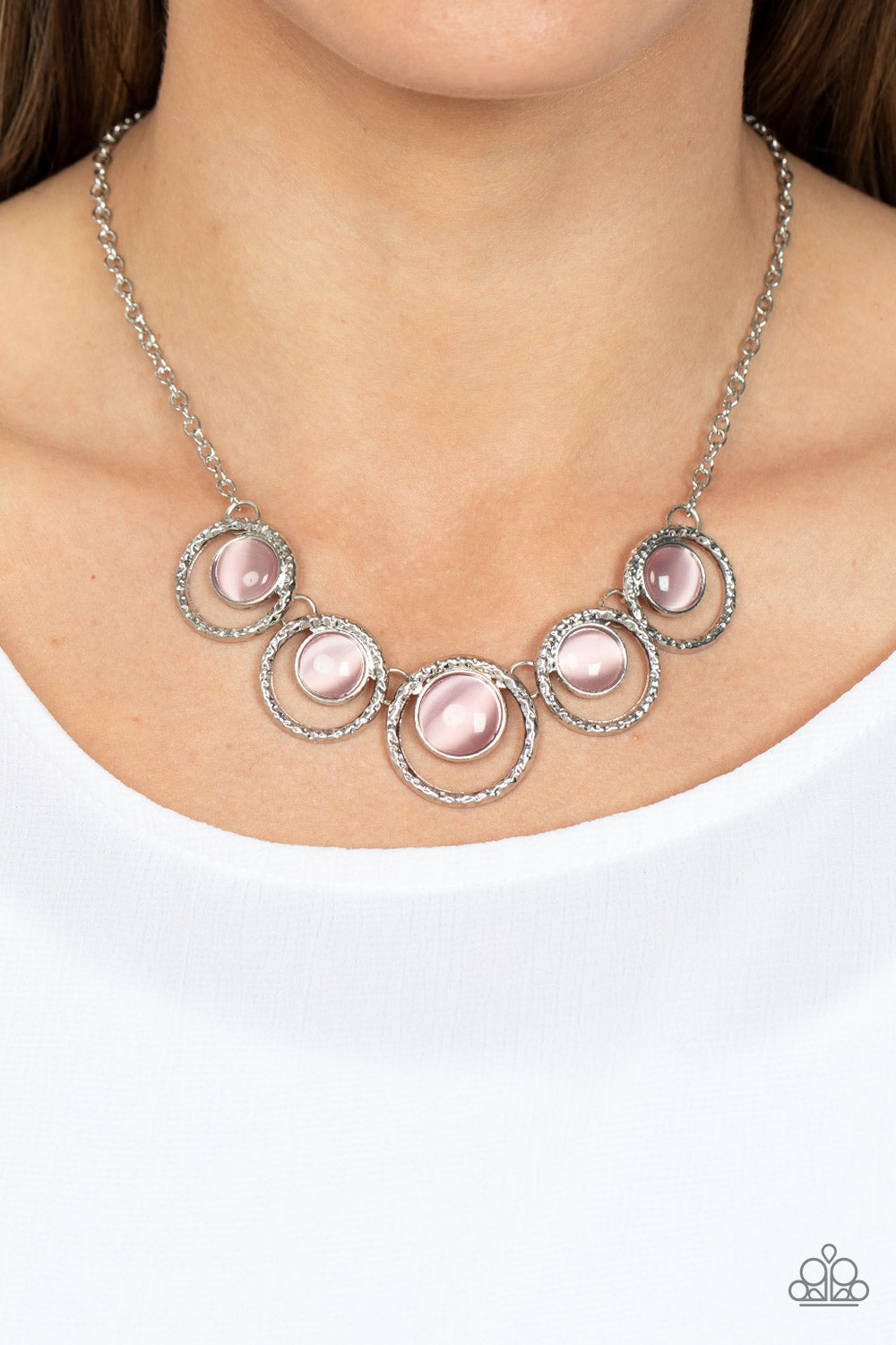 Elliptical Enchantment - Pink Cat's Eye Silver Circle Short Necklace