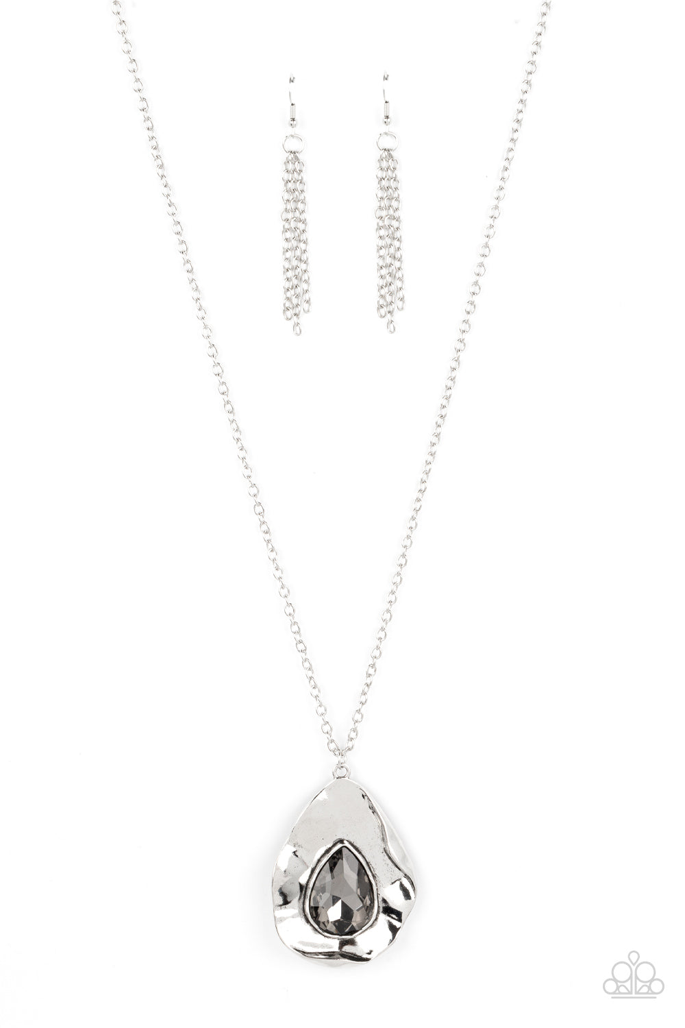 Surrealist Sparkle - Warped Silver Pendant with Smoky Gray Teardrop Gem Silver Long Necklace