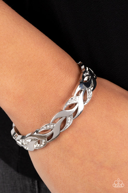 Editor-in-LEAF - White Rhinestone Silver Leaf Hinged Bracelet