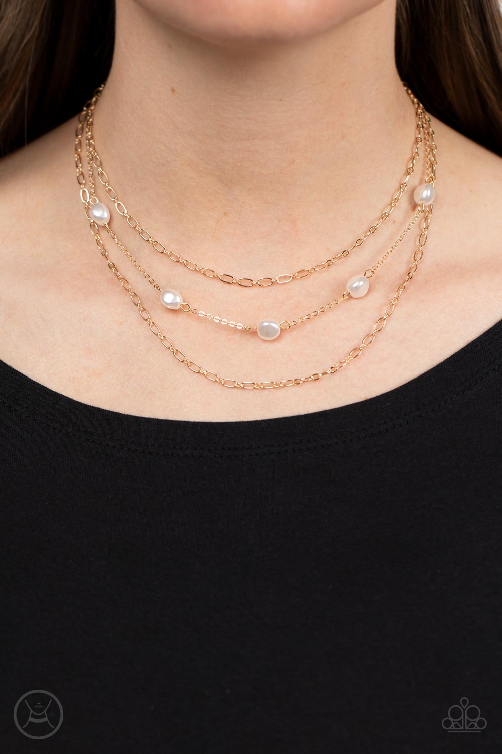 Offshore Oasis - Gold Chain White Pearl Layered Choker Necklace