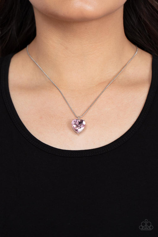 Smitten with Style - Pink Heart Gem Silver Short Necklace