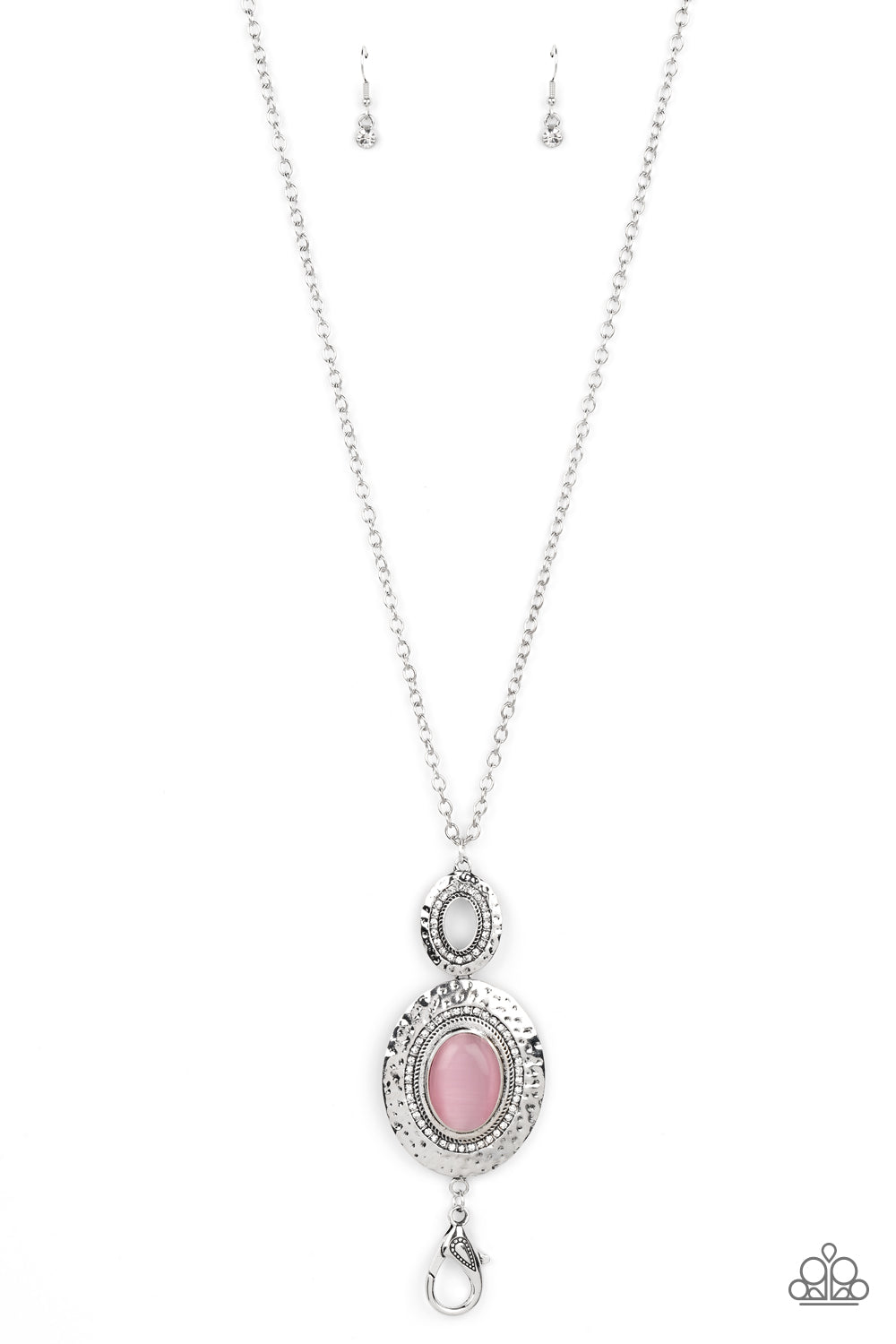 Fairytale Finesse - Pink Cat's Eye Silver Oval Lanyard Necklace