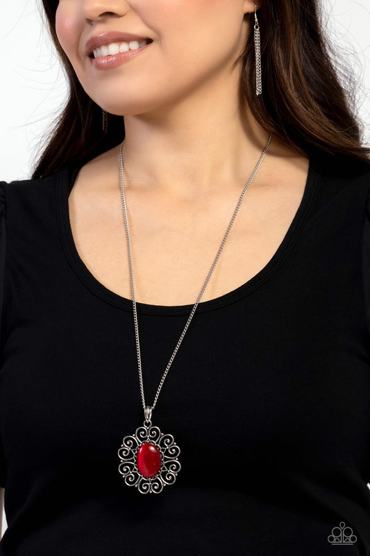 Sentimental Sabbatical - Red Cat's Eye Silver Long Necklace