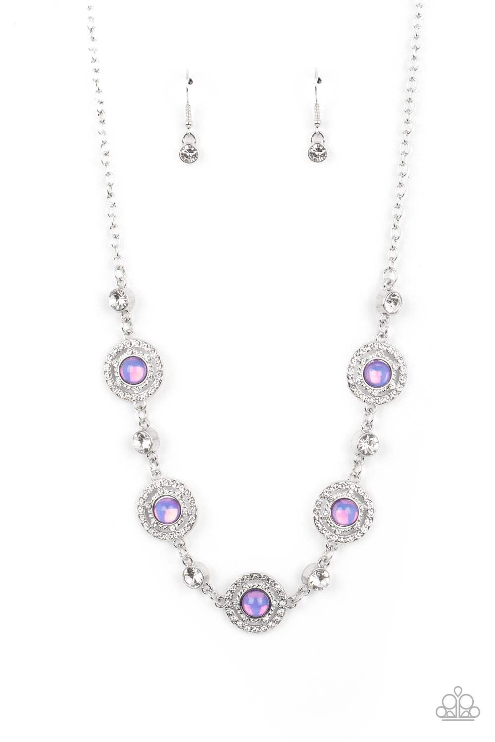 Summer Dream - Purple Opalescent Bead and White Rhinestone Short Silver Necklace