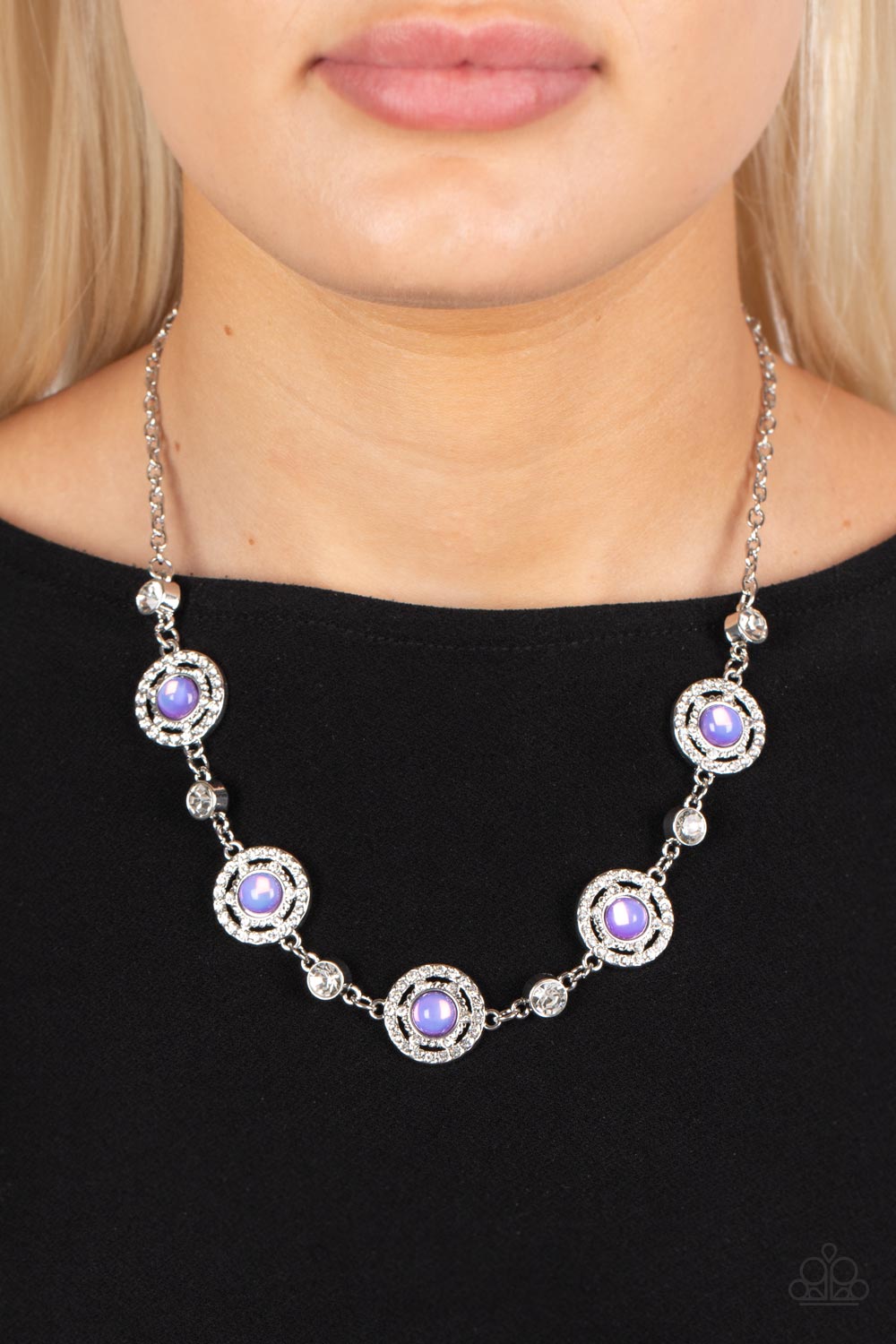 Summer Dream - Purple Opalescent Bead and White Rhinestone Short Silver Necklace