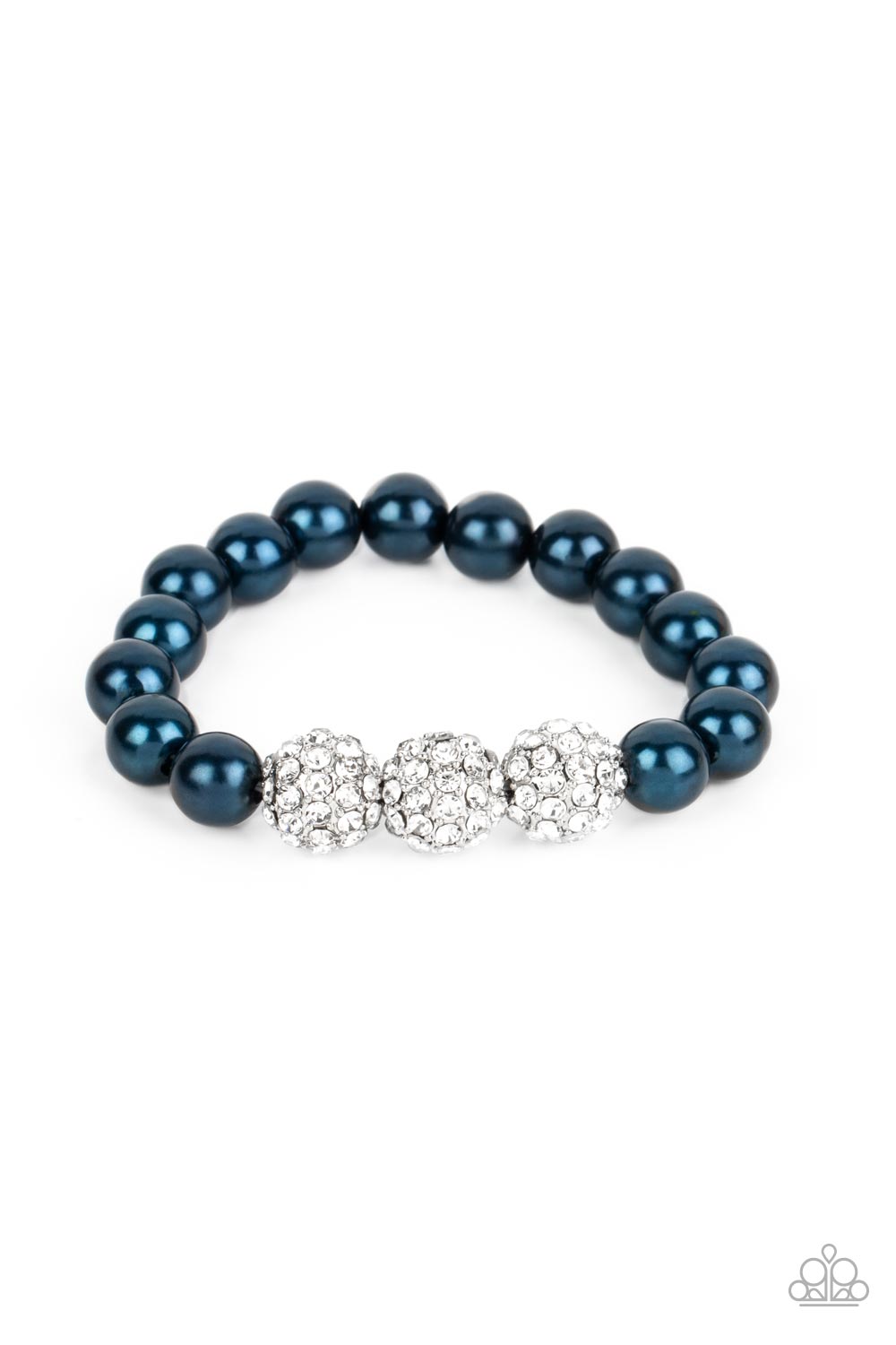 Breathtaking Ball - Blue Pearl Silver Rhinestone Ball Stretchy Bracelet