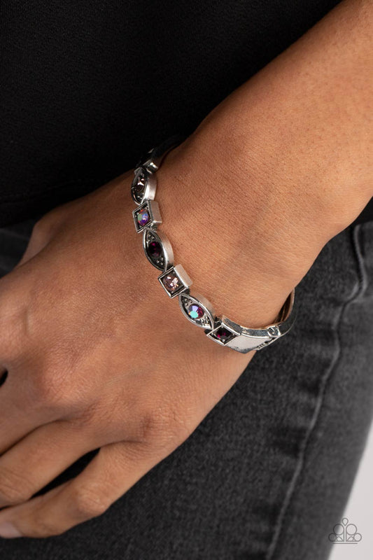 Poetically Picturesque - Purple and Iridescent Rhinestone Silver Hinged Bracelet