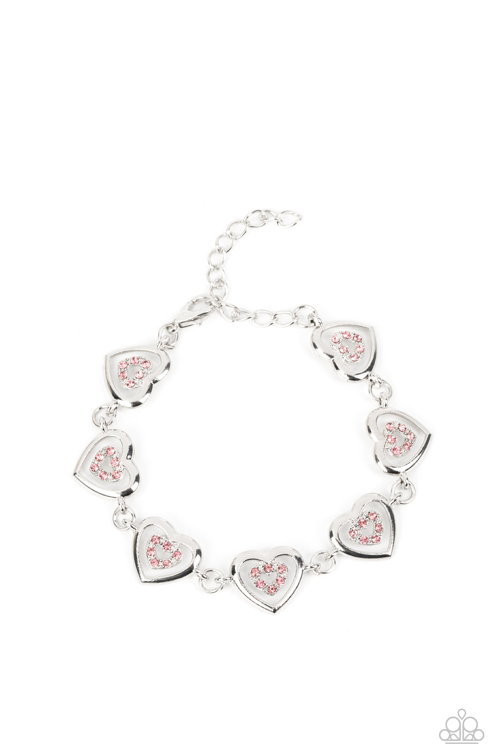 Catching Feelings - Pink Rhinestone Silver Heart Clasp Bracelet