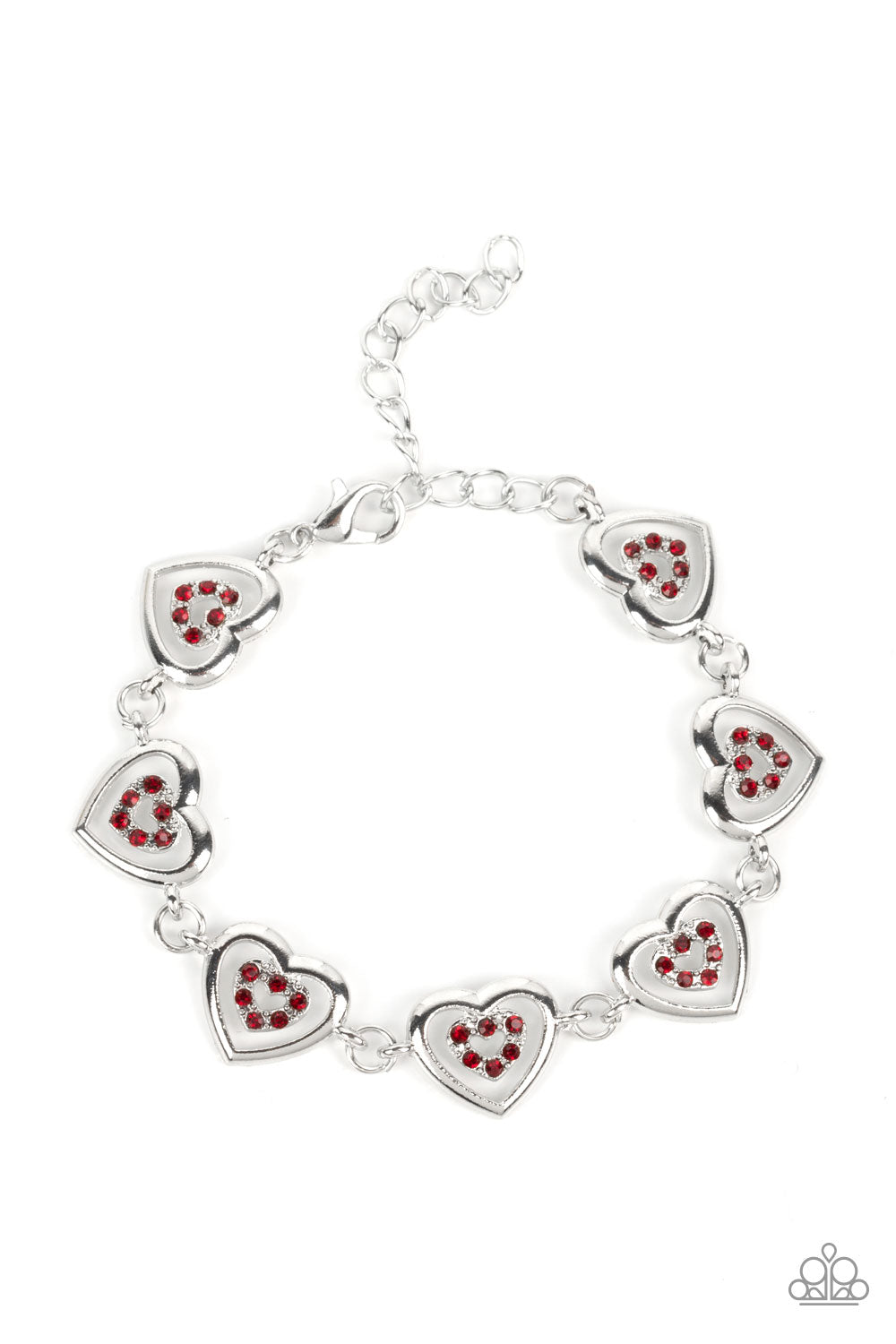 Catching Feelings - Red Rhinestone Silver Heart Clasp Bracelet