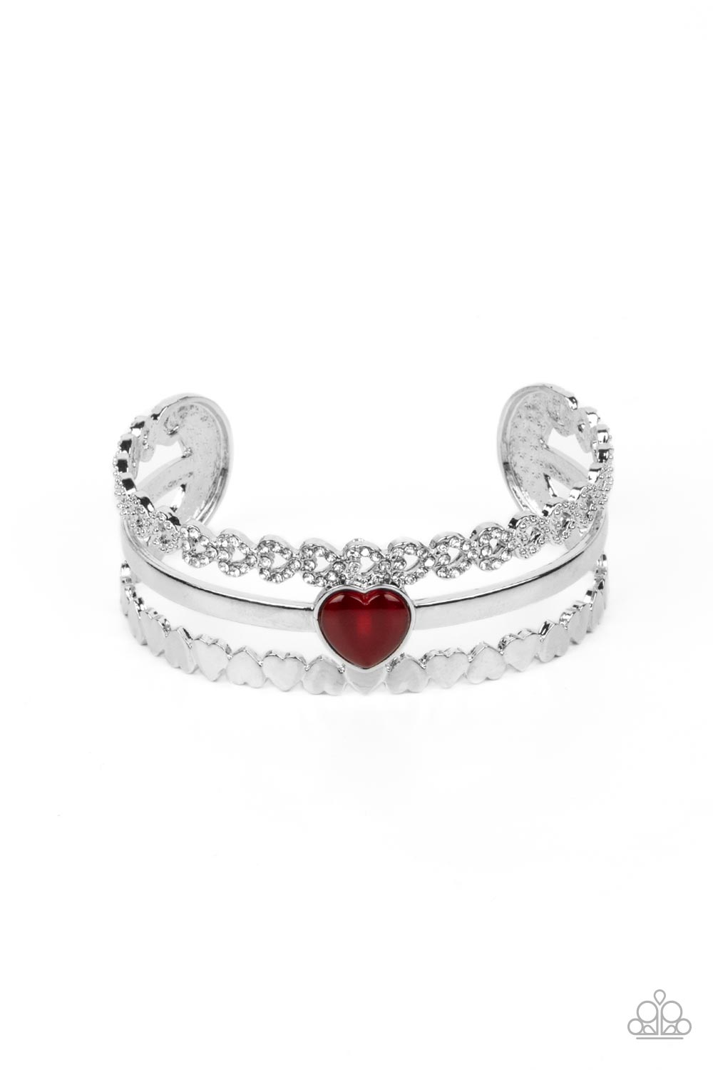 You Win My Heart - Red Cat's Eye Heart Silver Cuff Bracelet