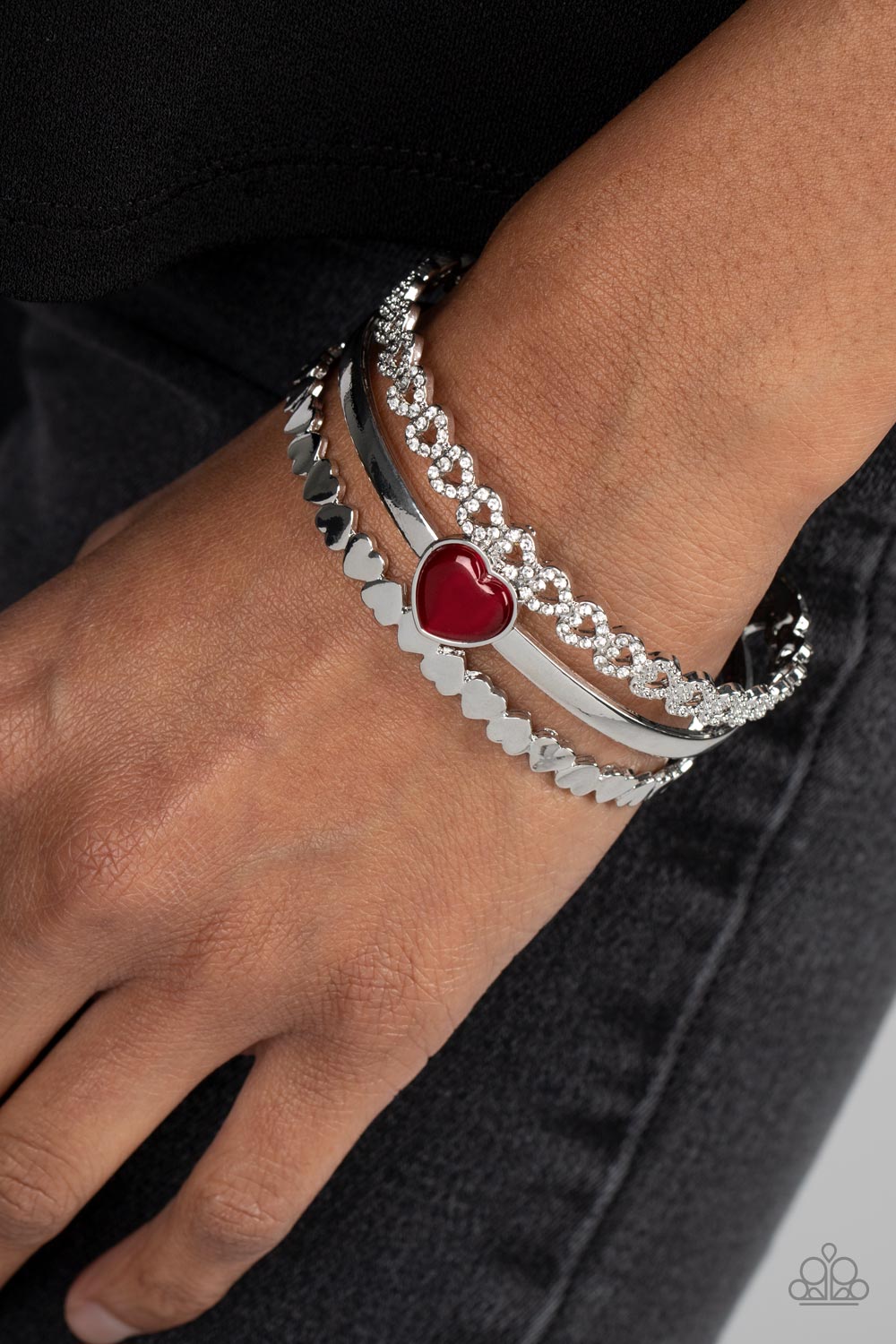 You Win My Heart - Red Cat's Eye Heart Silver Cuff Bracelet