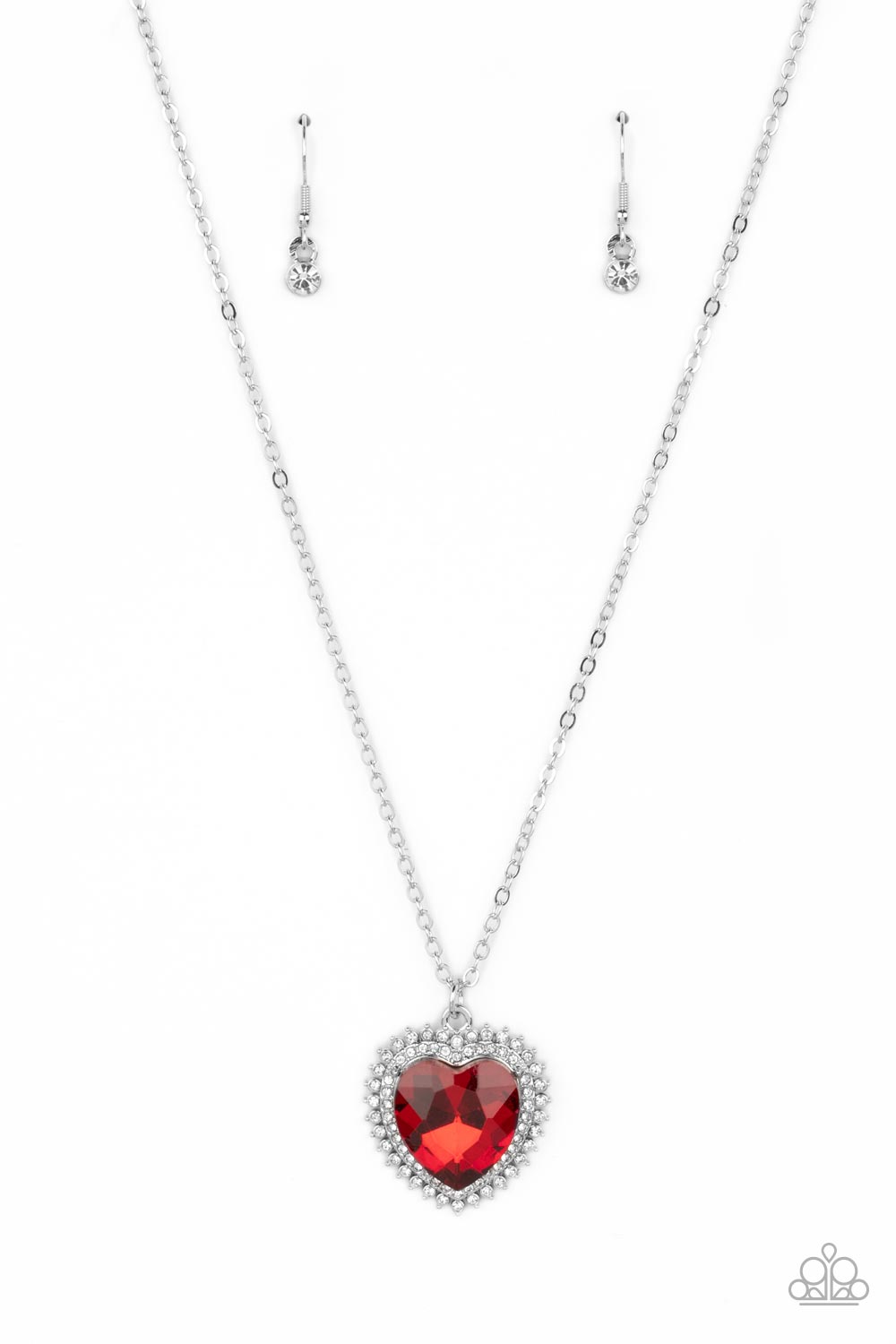 Sweethearts Stroll - Red Heart Gem White Rhinestones Silver Short Necklace