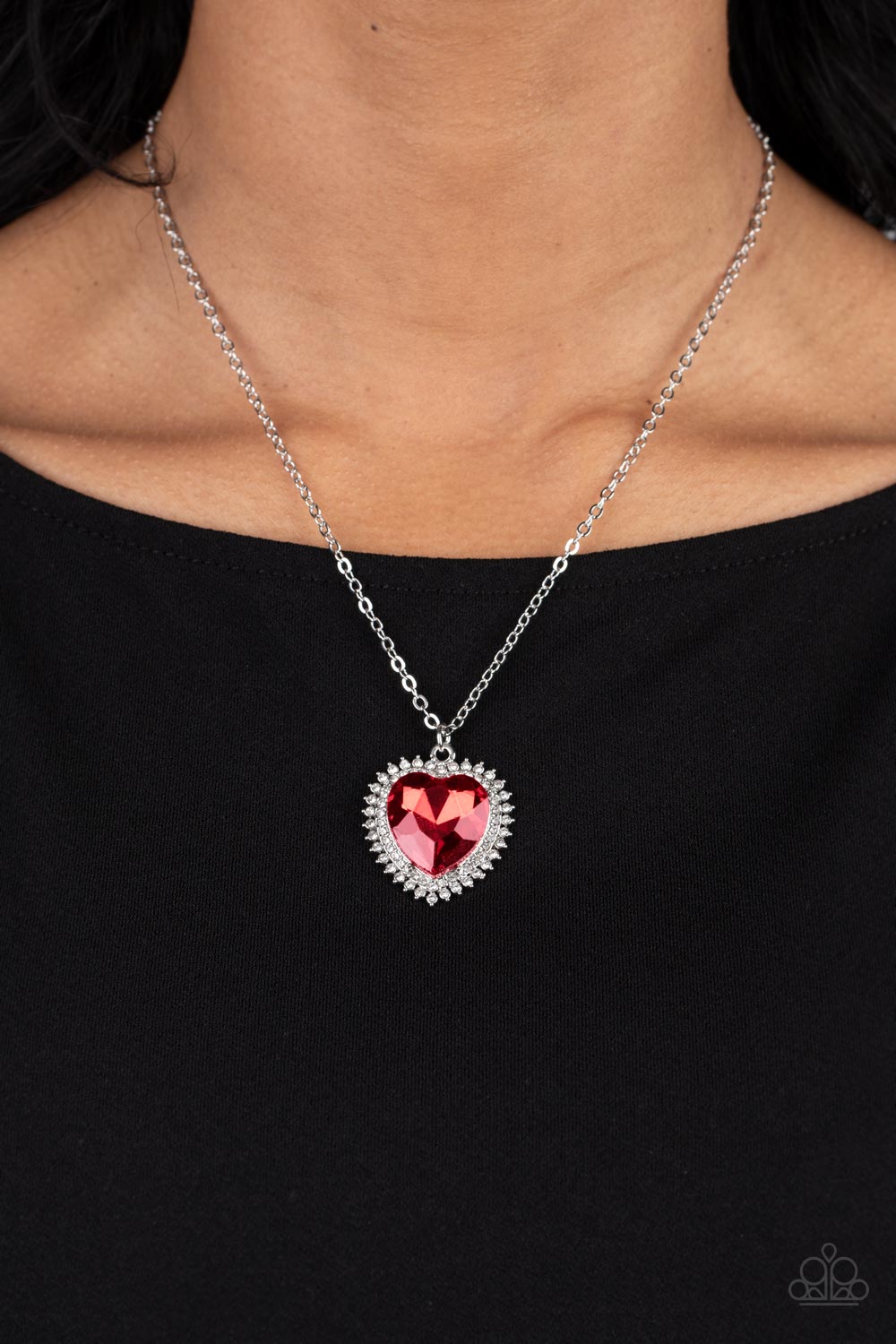 Sweethearts Stroll - Red Heart Gem White Rhinestones Silver Short Necklace