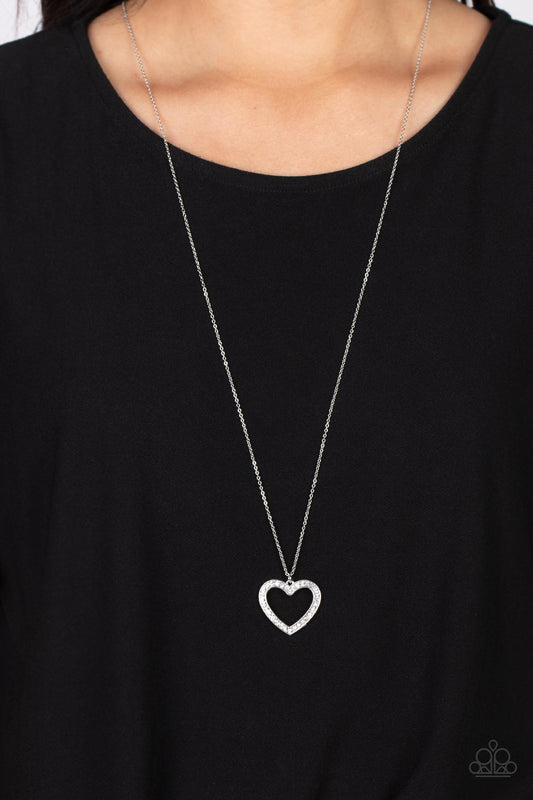 Dainty Darling - White Rhinestone Silver Heart Long Necklace