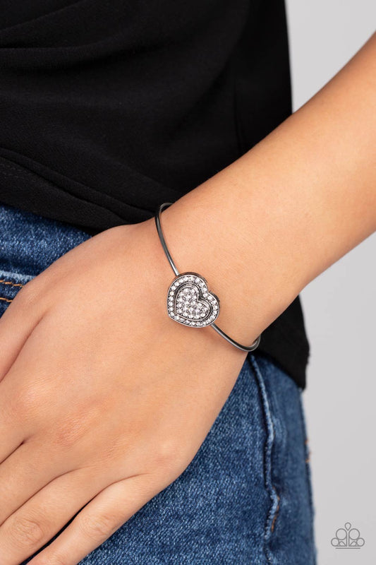 Stunning Soulmates - White Rhinestone Silver Heart Cuff Bracelet