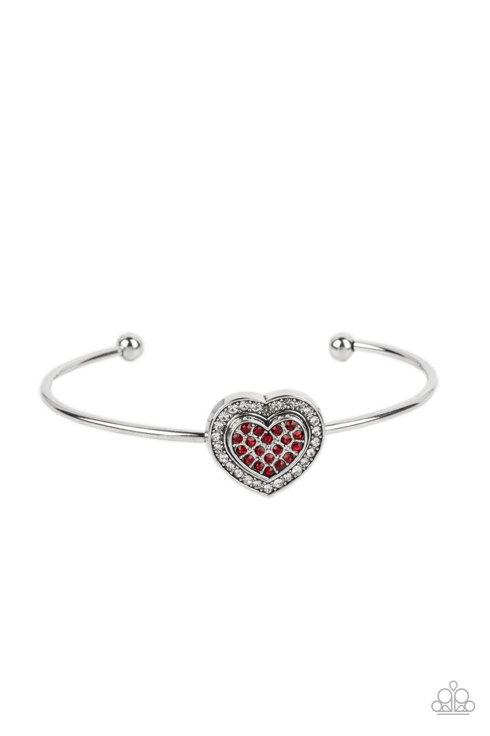 Stunning Soulmates - Red Rhinestone Silver Heart Cuff Bracelet