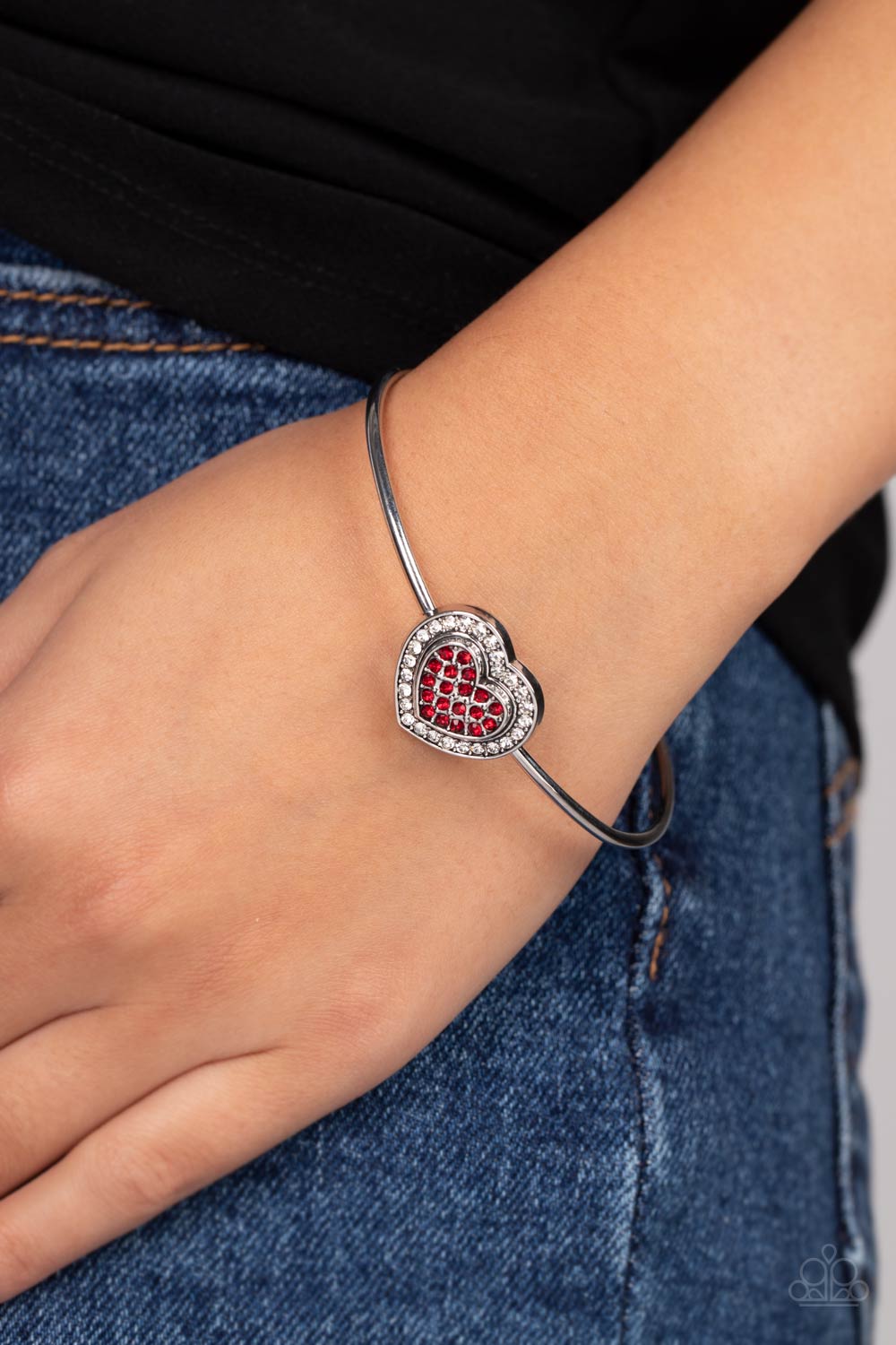 Stunning Soulmates - Red Rhinestone Silver Heart Cuff Bracelet