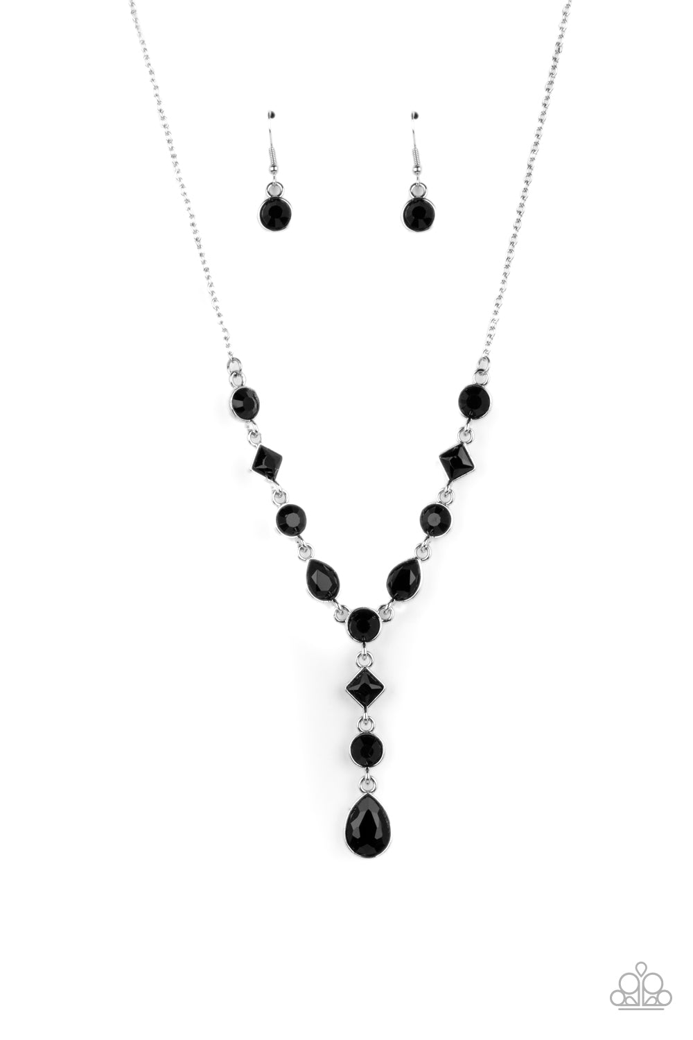 Forget the Crown - Black Rhinestone Silver Y Short Necklace