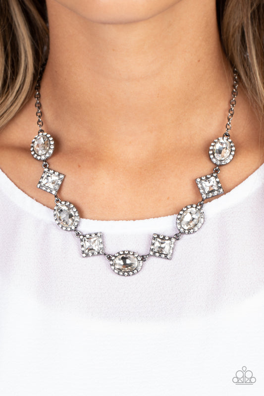 Diamond of the Season - Black Gunmetal Square and Oval White Gem Short Necklace