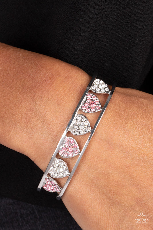 Decadent Devotion - Pink and White Rhinestone Hearts Silver Cuff Bracelet