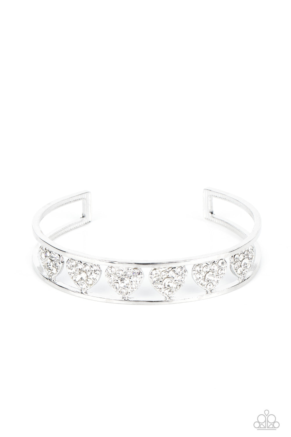 Decadent Devotion - White Rhinestones Heart Silver Cuff Bracelet