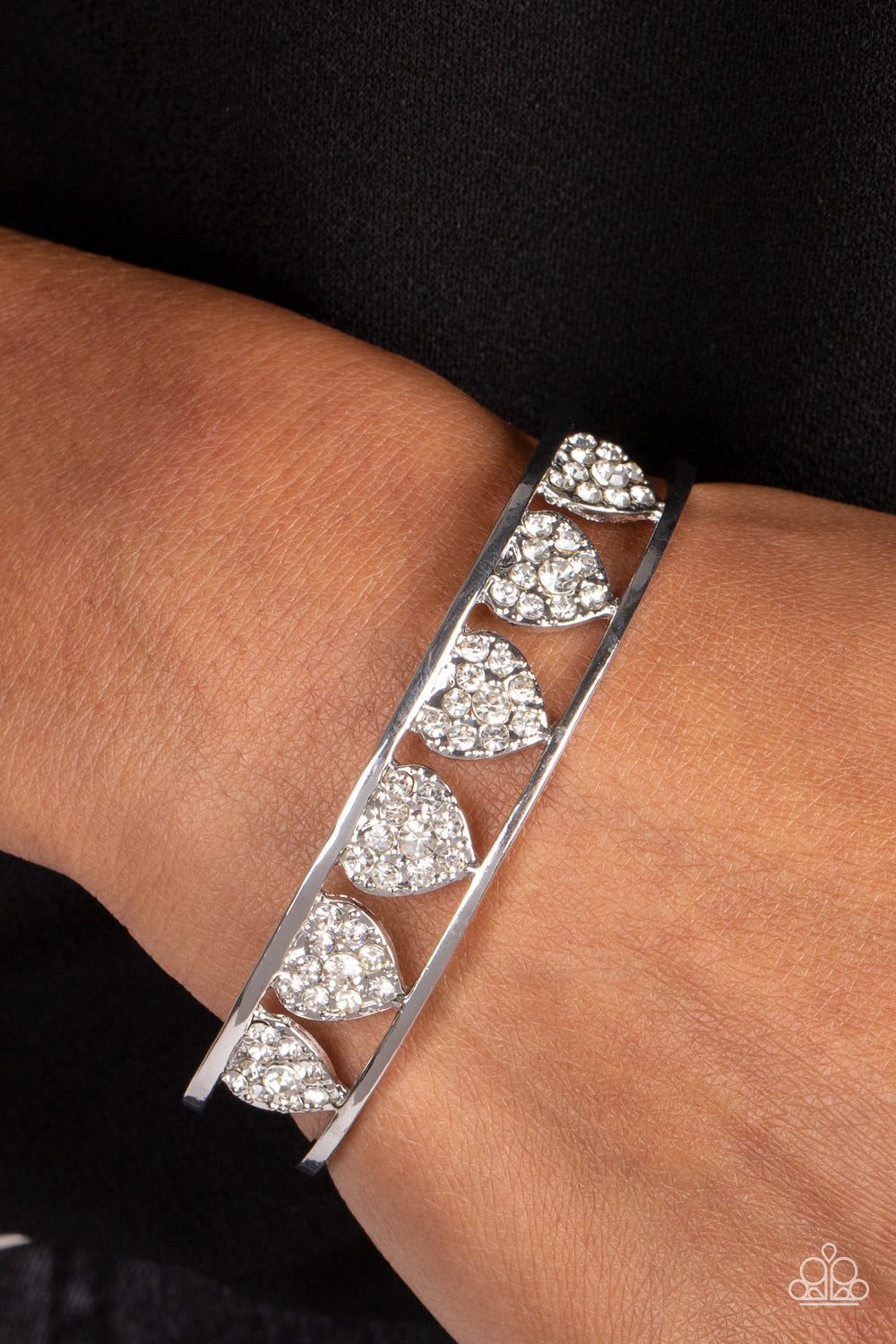 Decadent Devotion - White Rhinestones Heart Silver Cuff Bracelet