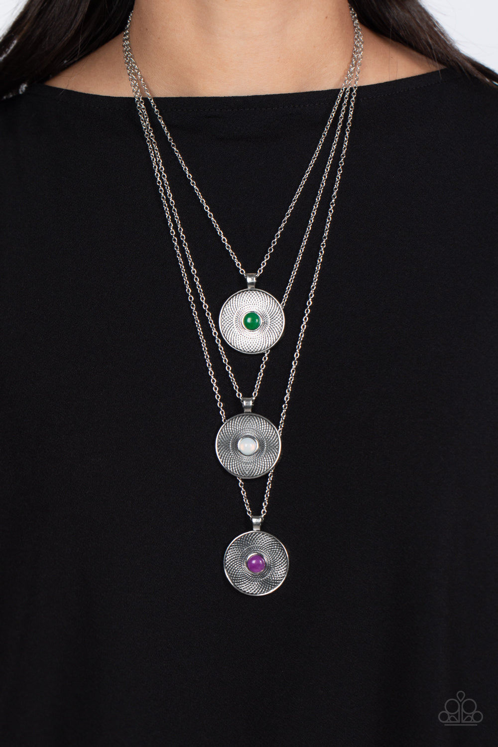 Geographic Grace - Purple, White and Jade Stone Medallion Silver Medium-Length Necklace