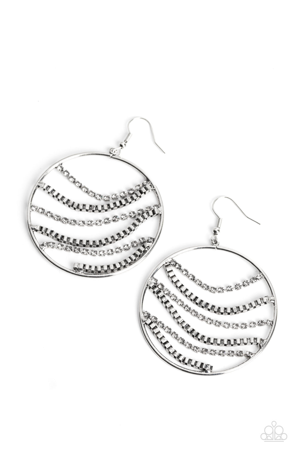 Fighting Fortune - White RhinestoneSilver Box Chain Circle Fishhook Earrings