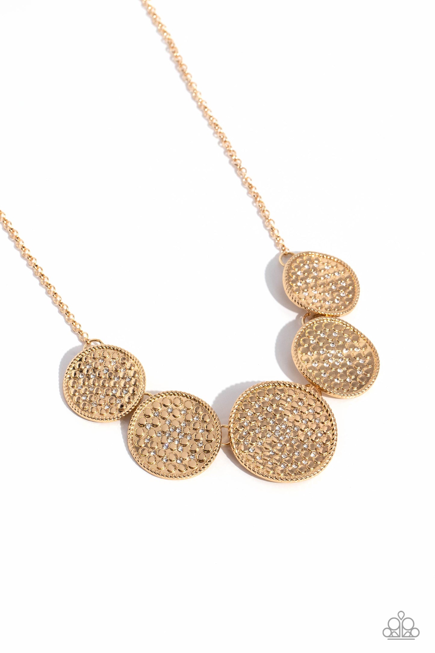 Medaled Mosaic - Gold Disc White Rhinestone Short Necklace