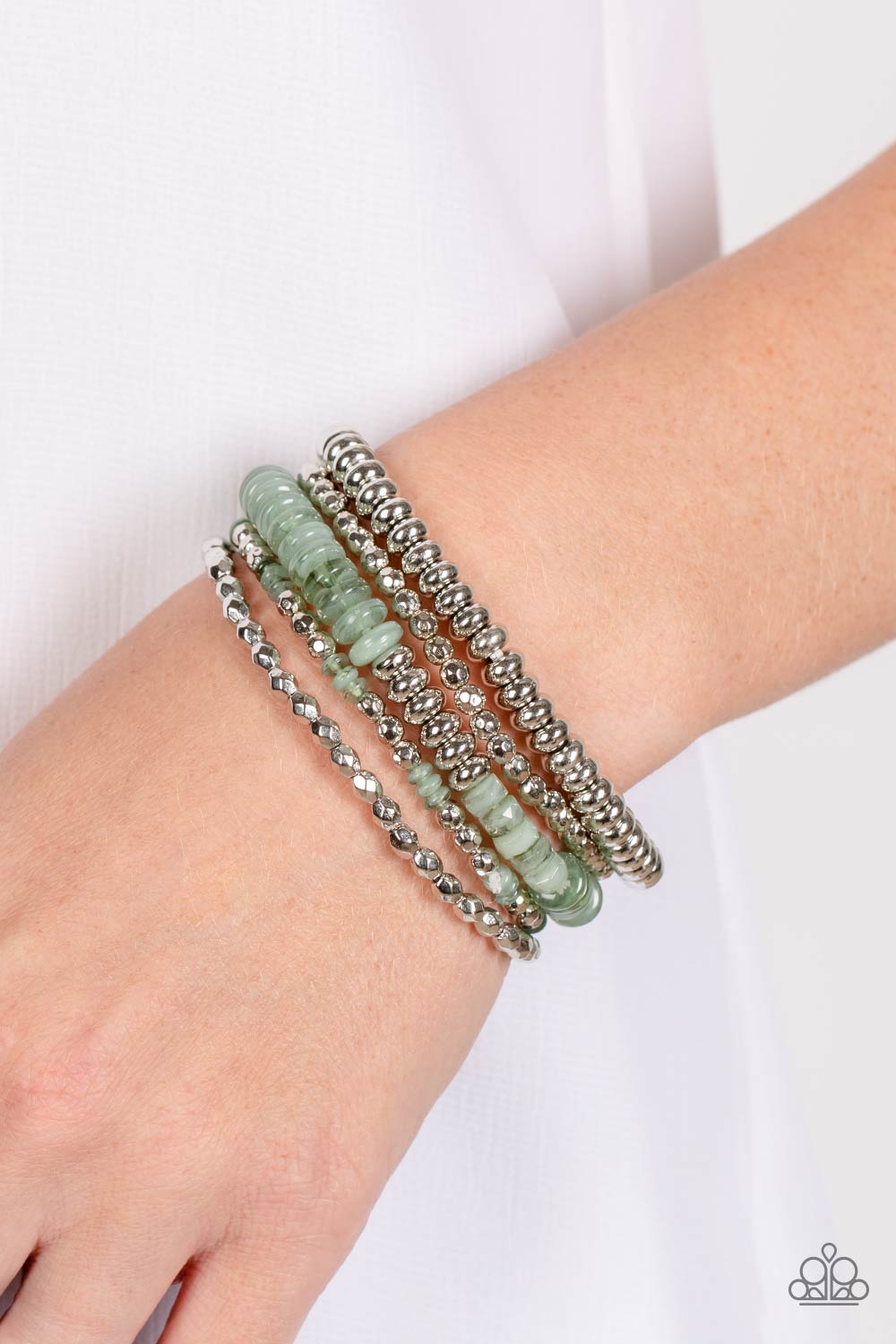 Pristine Pixie Dust - Green and Silver Bead Stretchy Bracelet Set