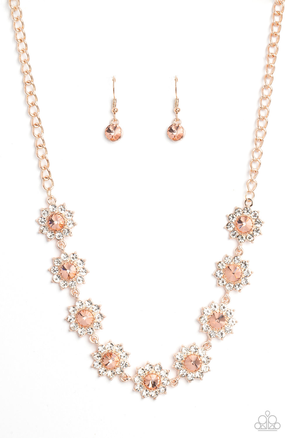 Blooming Brilliance - Rose Gold Peach Gem Rhinestone Rose Gold Short Necklace