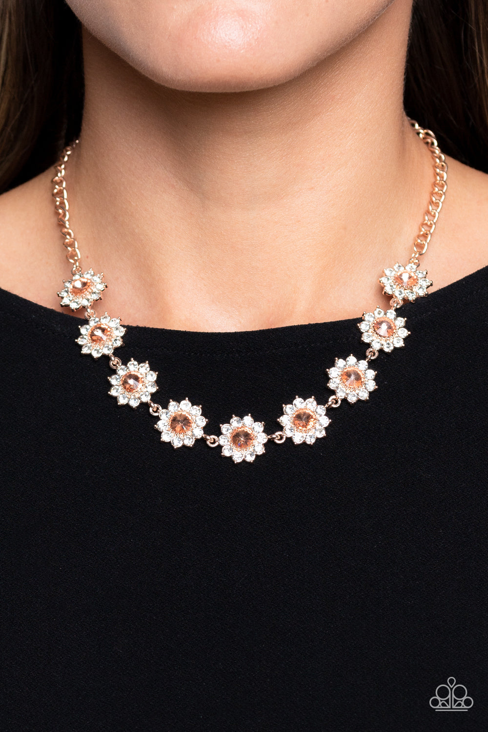 Blooming Brilliance - Rose Gold Peach Gem Rhinestone Rose Gold Short Necklace