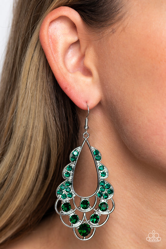 Majestic Masquerade - Green Gem Rhinestone Silver Fishhook Earrings