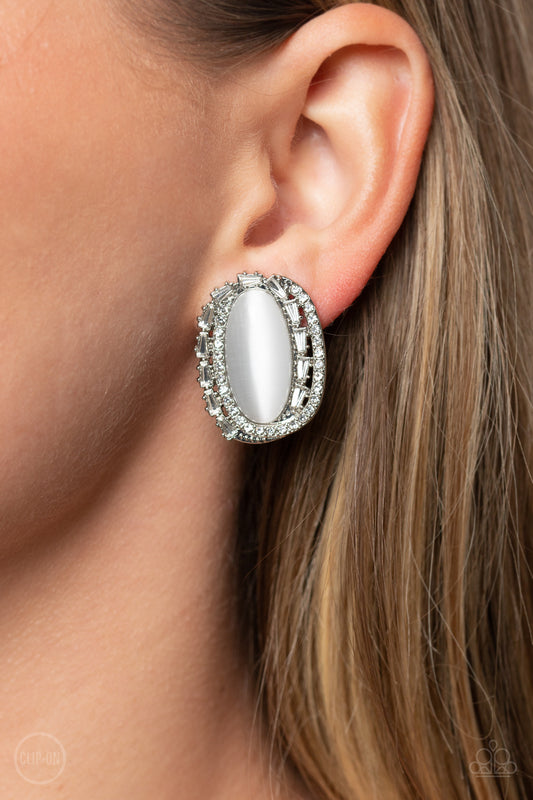 Shimmery Statement - White Cat's Eye Silver Clip-On Earrings