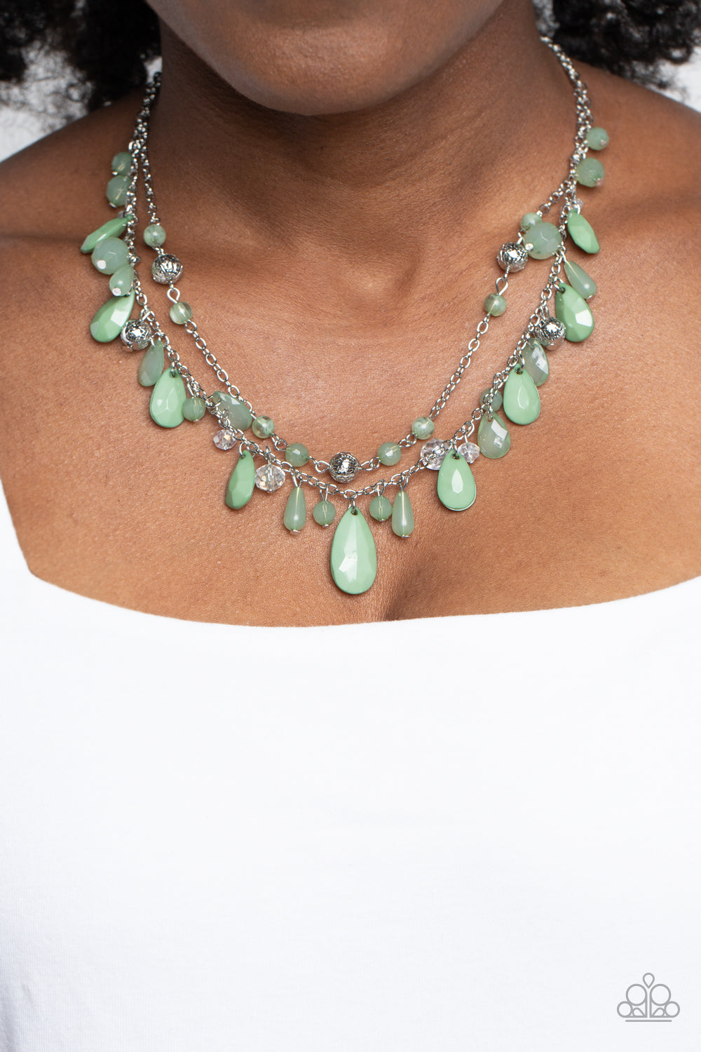 Flirty Flood - Green Crystal Bead Layerd Silver Short Necklace