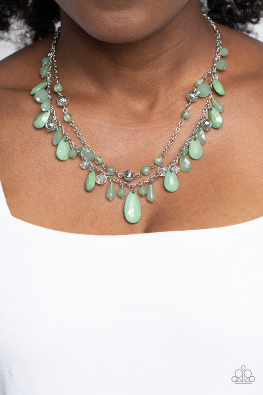 Flirty Flood - Green Crystal Bead Layerd Silver Short Necklace