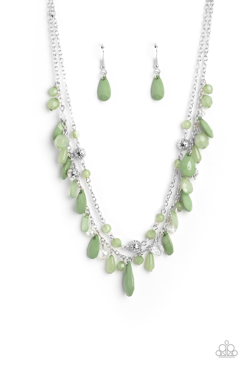 Flirty Flood - Green Crystal Bead Layerd Silver Short Necklace