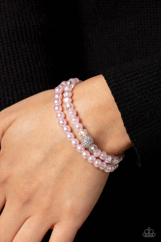 Countess Cutie - White and Silver Rhinestone, Pink Pearl, Clear Bead, Stretchy Bracelet