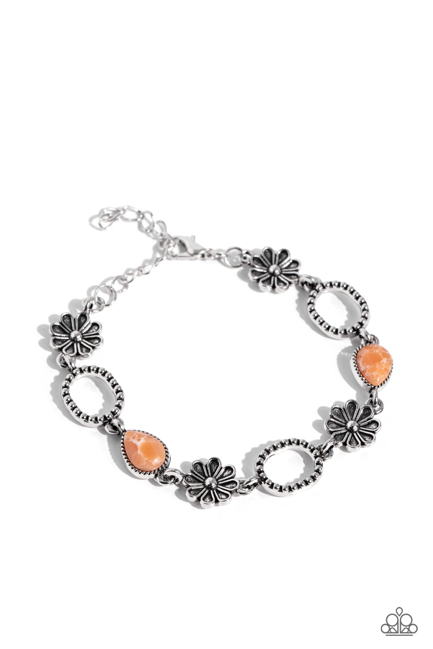 Casablanca Craze - Orange Crackled Stone and Floral Charms, Silver Clasp Bracelet