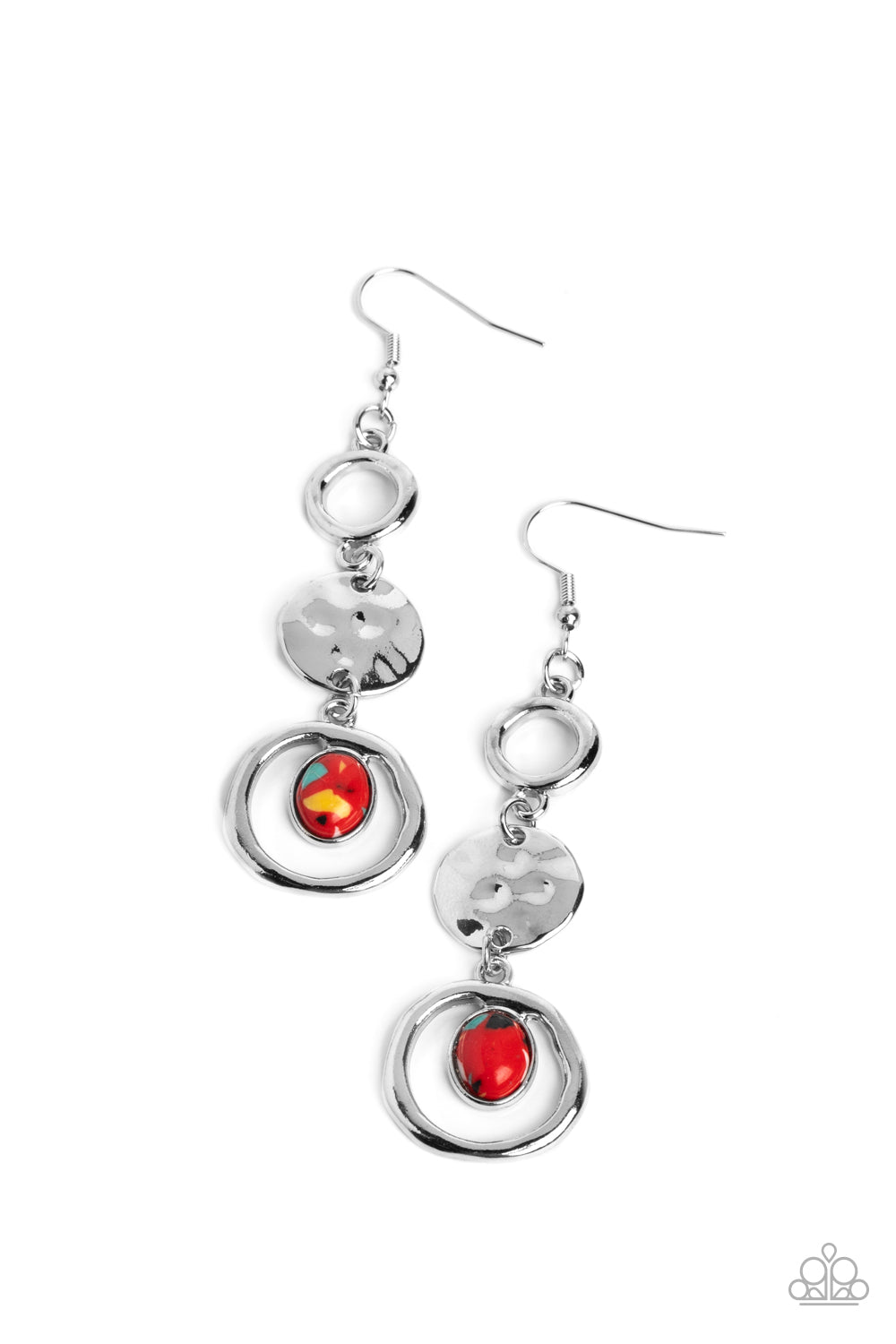 Marble Montage - Red Terrazzo Marbled Silver Circle Fishhook Earrings