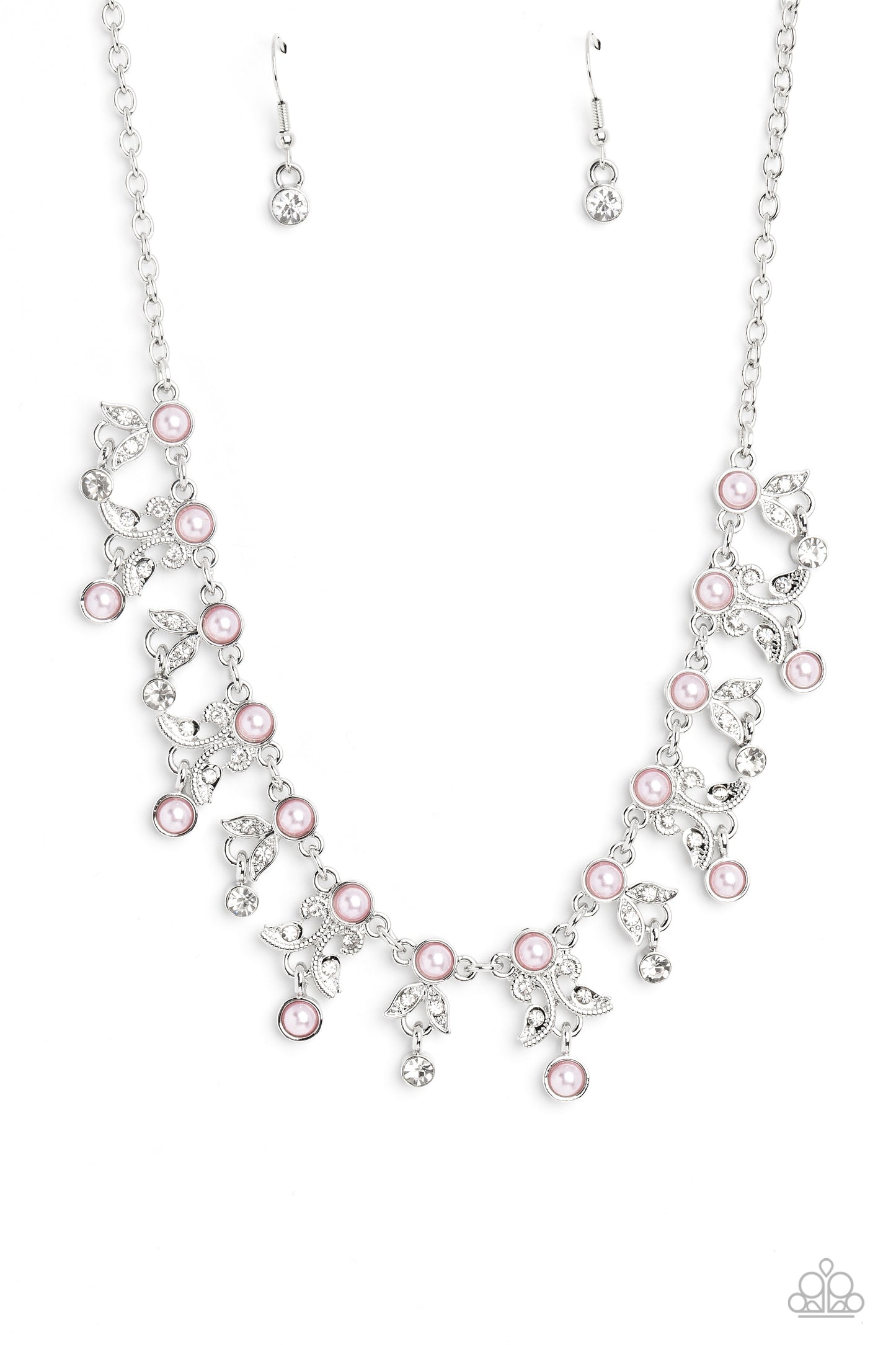 Garden Princess - Pink Pearl White Gem Silver Short Necklace