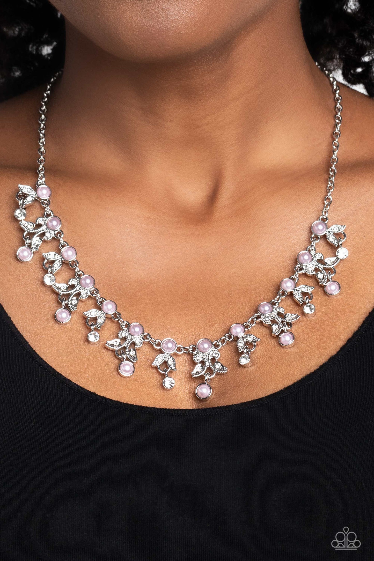 Garden Princess - Pink Pearl White Gem Silver Short Necklace