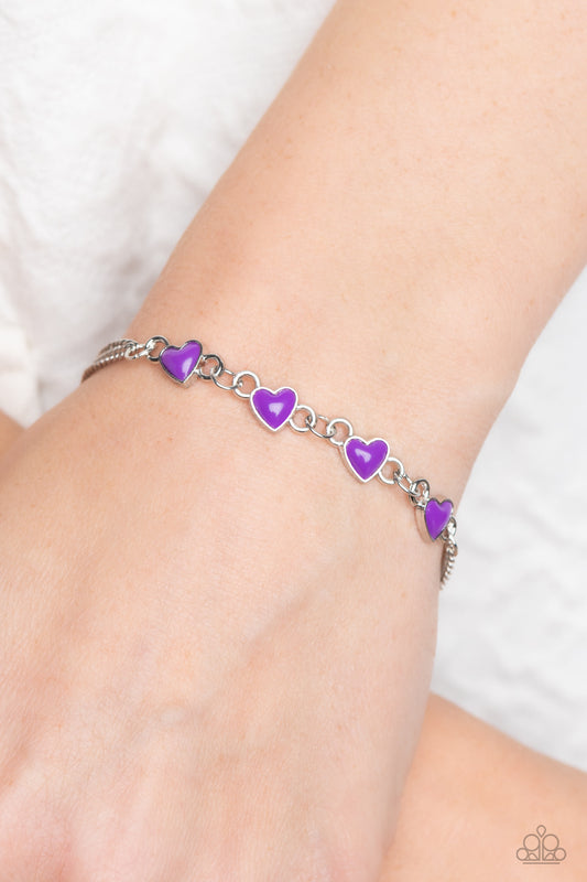 Smitten Sweethearts - Purple Heart Pendants Silver Clasp Bracelet